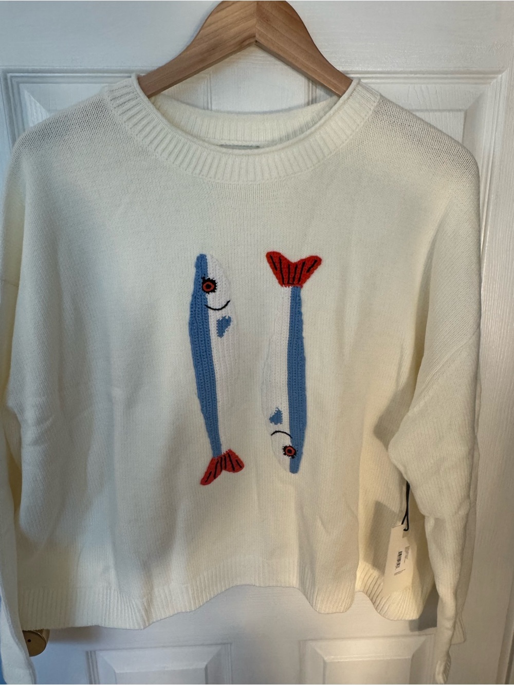 NWT XL STAUD White Knit Crewneck Sweater with Red & Blue Accent - Picture 2 of 8